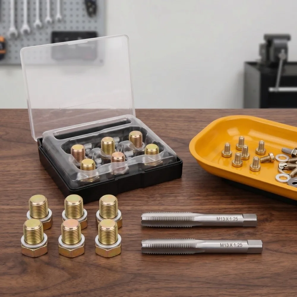 13PCS M13 x 1.25 Oil Drain Plug Tap Anti-Rust Storage Case Included Oil Pan Rethread Tool Universal Sealing Washers Included
