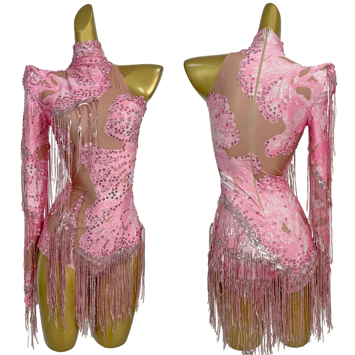 

Sexy Sparkly Rhinestone One Long Sleeved Bodysuit Tassel High Cut Thong One Piece Tight Fitting Leotard Party Club Wear Duxiu