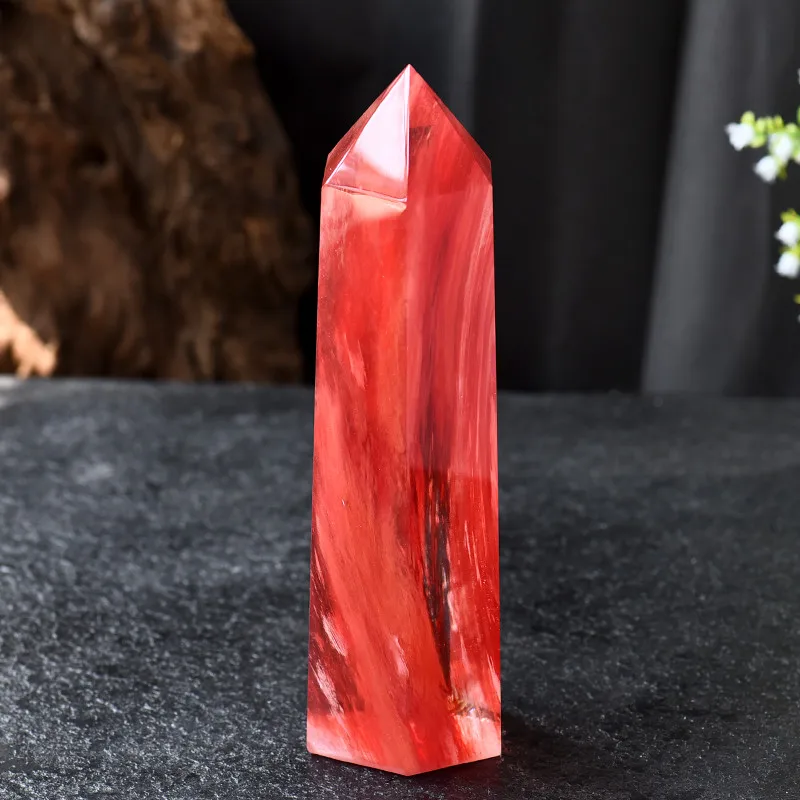 Natural Red Smelting Stone Quartz Crystal Point Wand Hexagonal Obelisk Reiki Healing Gemstone Mineral Rock Decor Jewelry