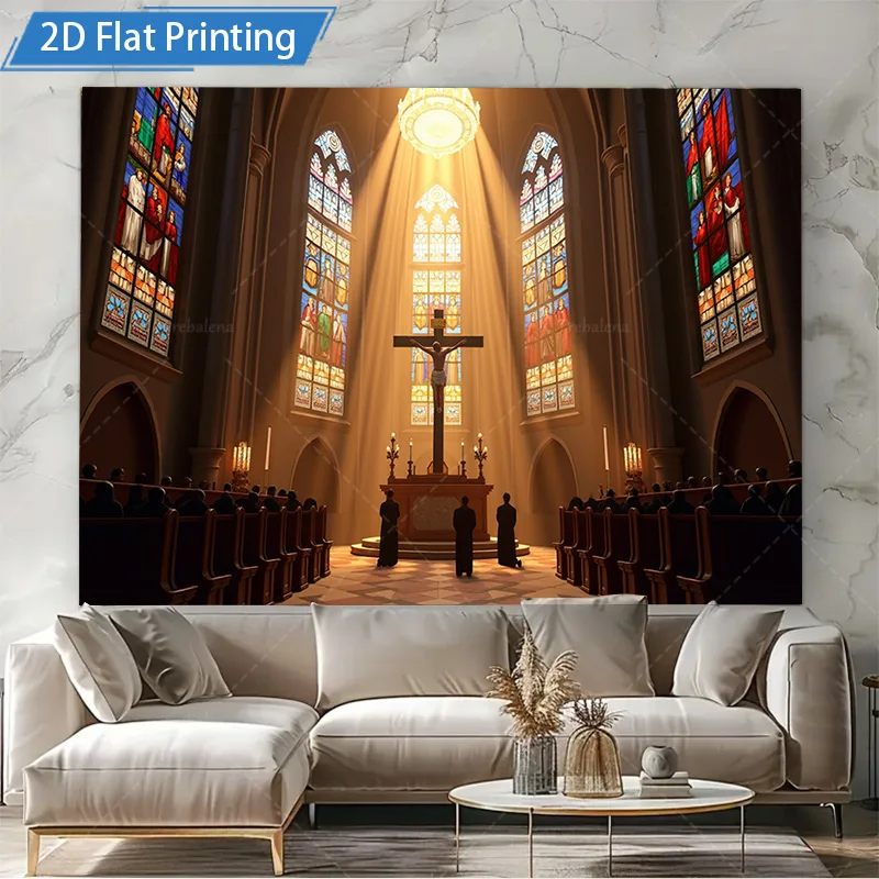 قطعة واحدة من نسيج الحائط الأنيق لمشهد الكنيسة مع نوافذ زجاجية ملونة وإضاءة دافئة #4