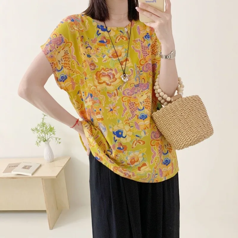 

Women Clothing Summer Fashion Casual Printing Contrasting Colors O-neck Female Simplicity All-match Indie Folk Short Sleeve Tops