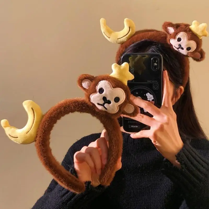 Cartoon Animal Headbands Soft Faux Plush Monkey Hairband Cute Banana Hair Hoop for Girls Kids Party Cosplay Accessories