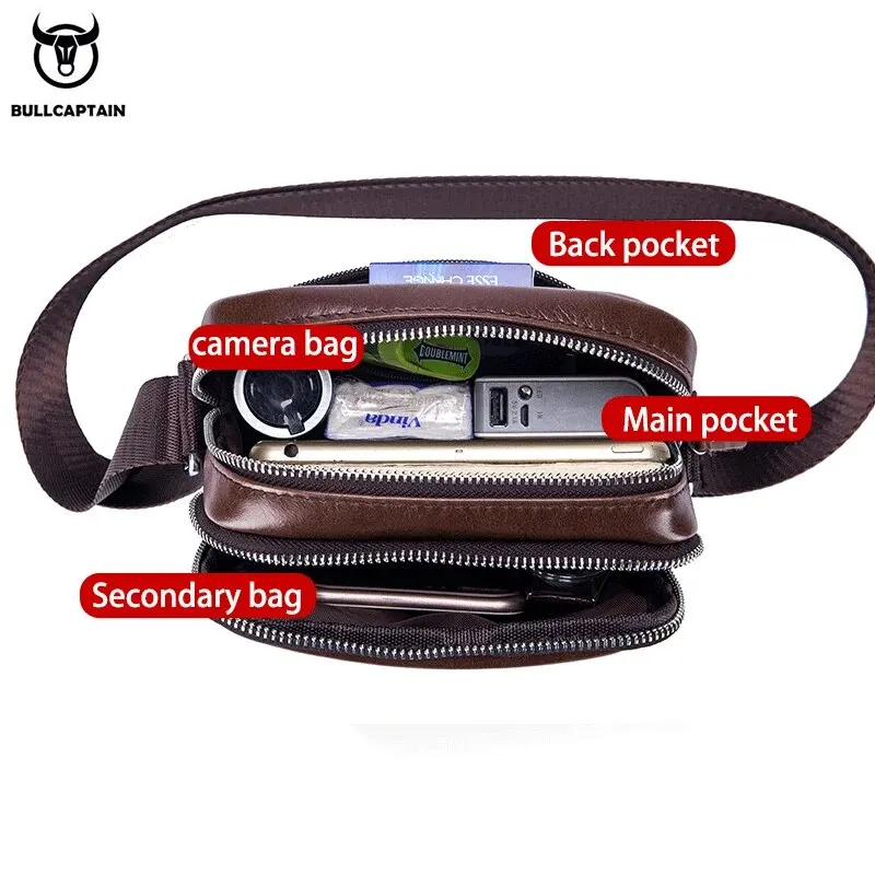 BULLCAPTAIN Mens Leather Messenger Bag Retro Shoulder Bags Small Crossbody Bags Purses Casual Sling Pack for Travel Handbag