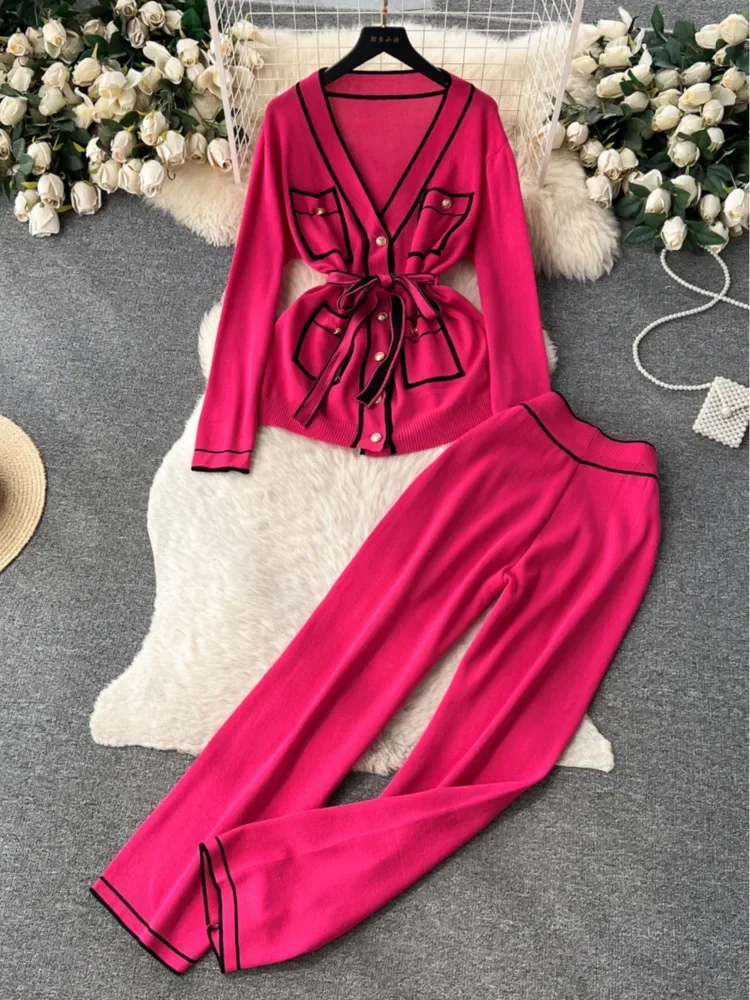 

Осень-зима, женские вязаные кардиганы с длинными рукавами и карманами, пальто, широкие брюки, комплекты из двух предметов, женские наряды JJ306