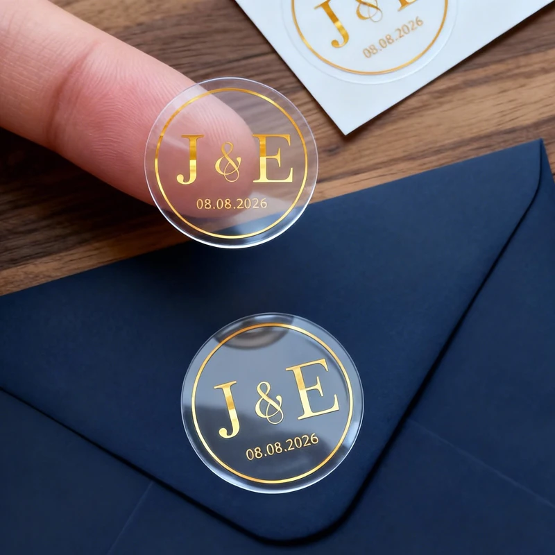 

50PCS Personalized Transparent Stickers Monogram Wedding Stickers Custom Round Labels Stickers Foil Favor Labels for Gifts