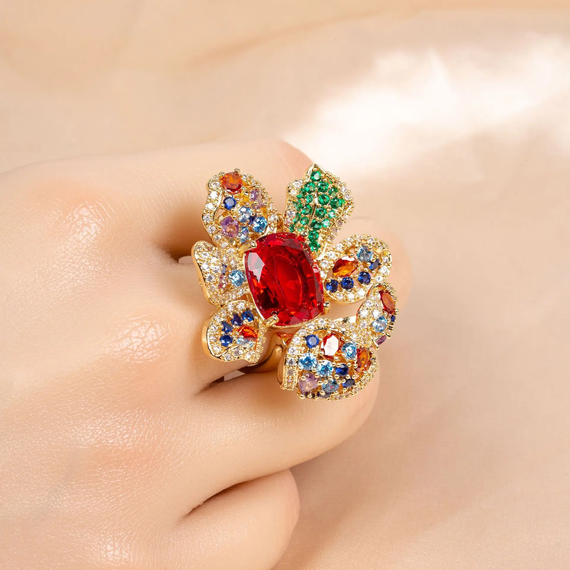 

HIBRIDE Hot sale elegant jewellery stereoscopic multicolour floral non-tarnish ring daily party dress prom bridal gift R07