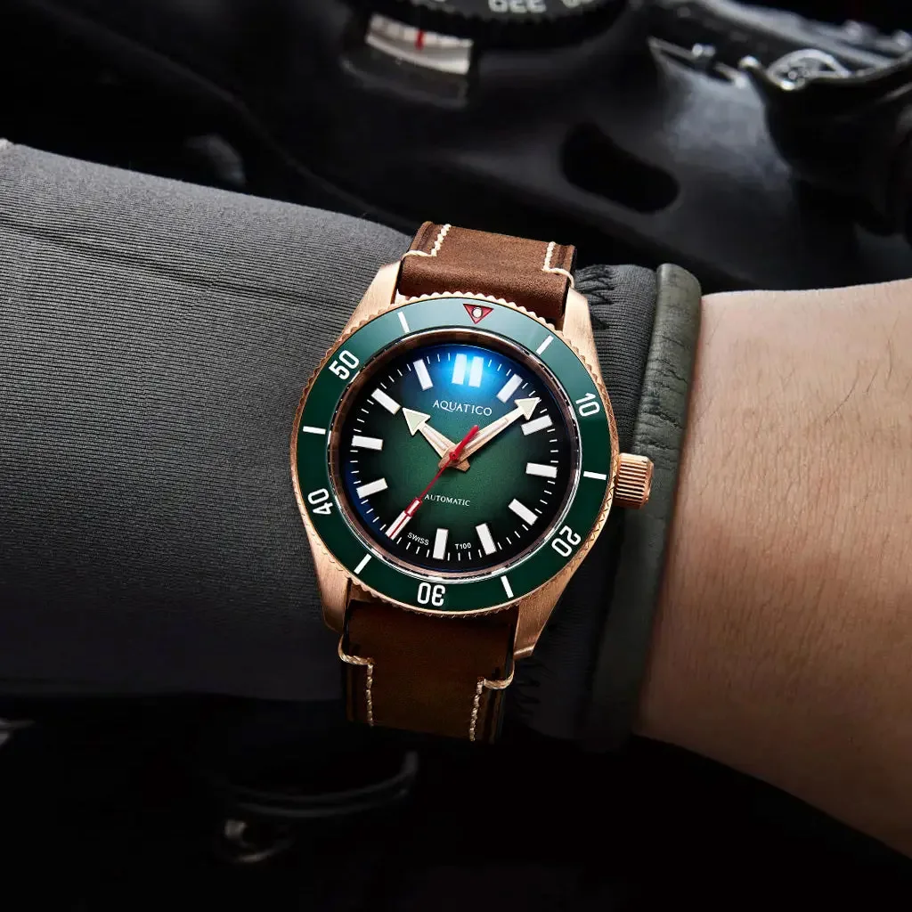 Aquatico Super Star Bronze Dive Watch Green Dial No Date (SWISS Sellita sw200-1)