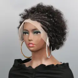 Geflochtene Perücken für schwarze Frauen, Echthaar, Afro-Puff-Spitze-Frontalhaar-Perücken, Afro-Kinky-Curly-Echthaar, 13 x 4 Spitzenfront, vorgeflochten