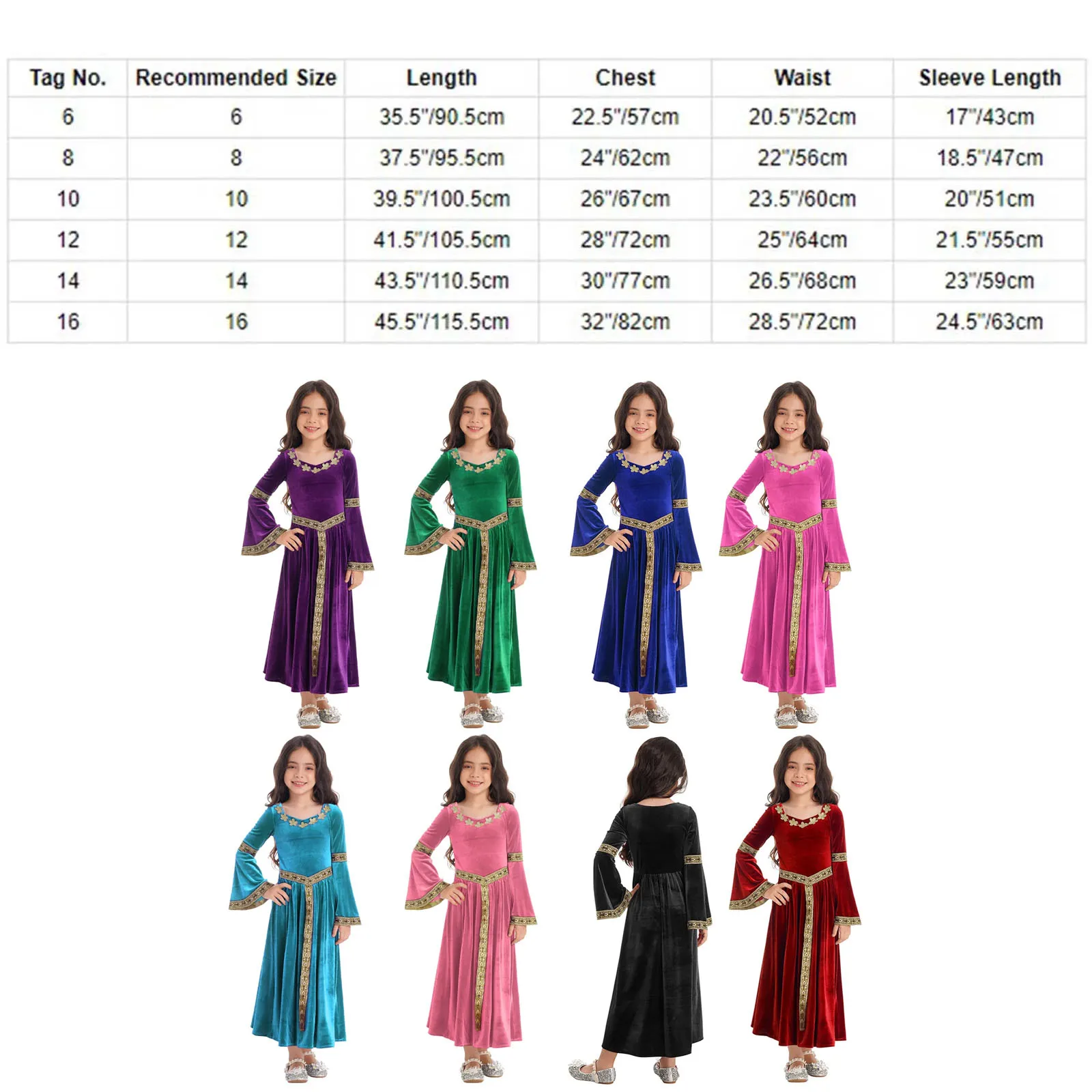 Kids Girls Halloween Medieval Renaissance Cosplay Costume Velvet Flare Sleeve Robe Gown Dress for Victorian Theme Party Dress Up