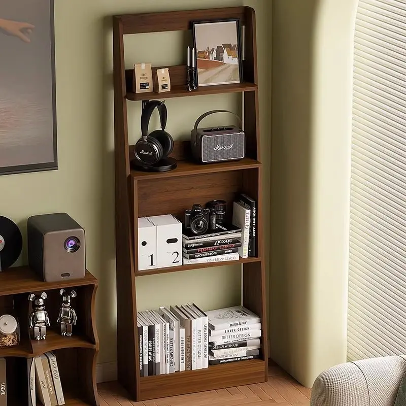 Bookshelf Black Walnut Wood-Color Display Rack Used Living Room Floor-standing Multi-layer Storage Vintage Side Cabinet