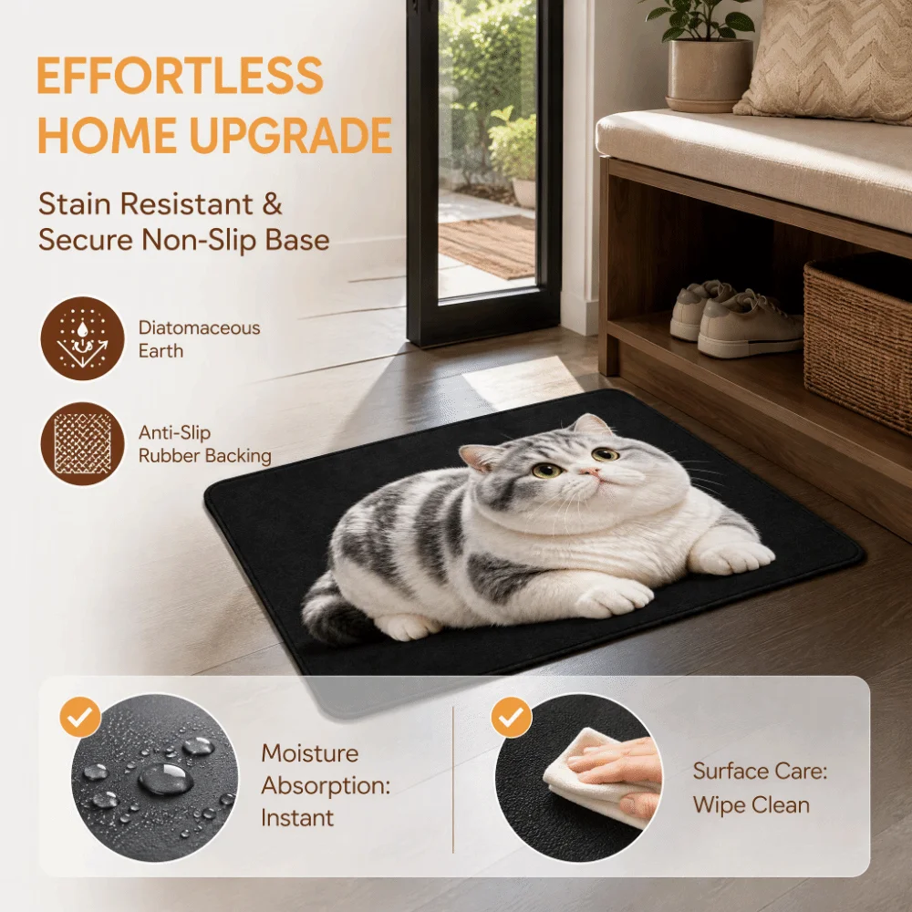 Cute 2D Cat Area Rug Non-Slip Diatomaceous Earth Home Decor Carpet Anti-fouling Easy To Clean Cartoon Carpet Living Rooms
