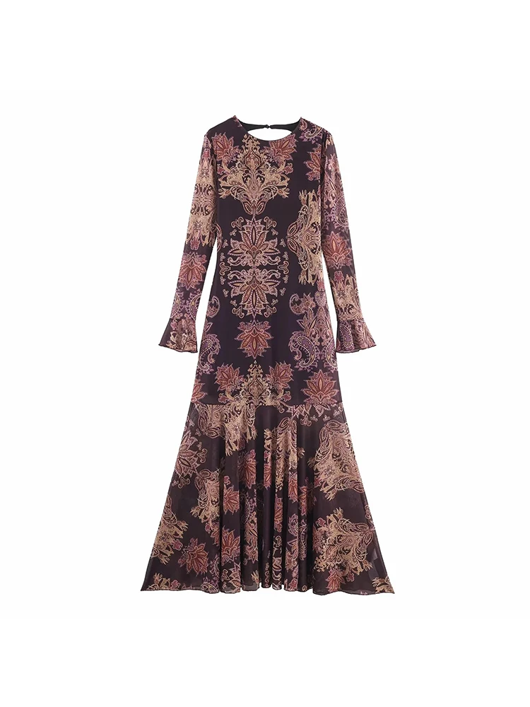 المرأة الجديدة س الرقبة زهرة طباعة فستان المرأة عارية الذراعين كم كامل فضفاض ميدي طويل سوينغ رداء عطلة #1