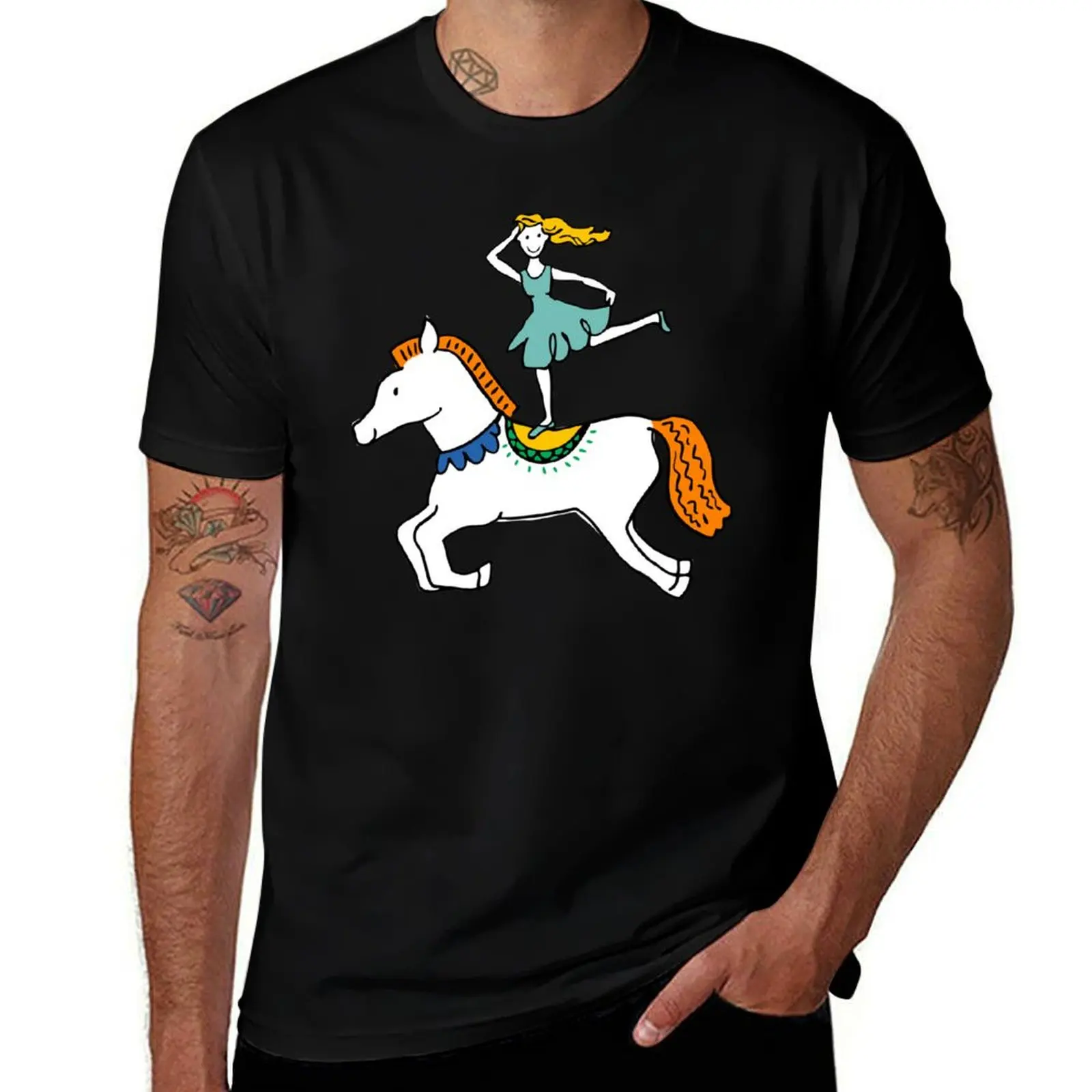 Retro Circus with Strong Man, Seals, Horse Rider and Clowns T-Shirt Heavy Duty Casual Work Tee T-Shirt