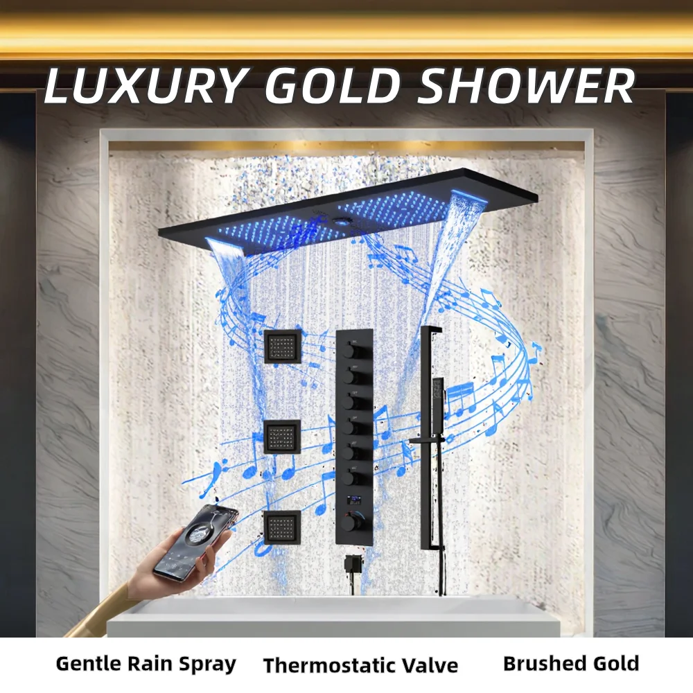 Luxury 16x24 Inch Bathroom Shower System Brushed  Wall Mount Faucet Set Single Brass Ceramic Jet Pause Soft Rain Electric