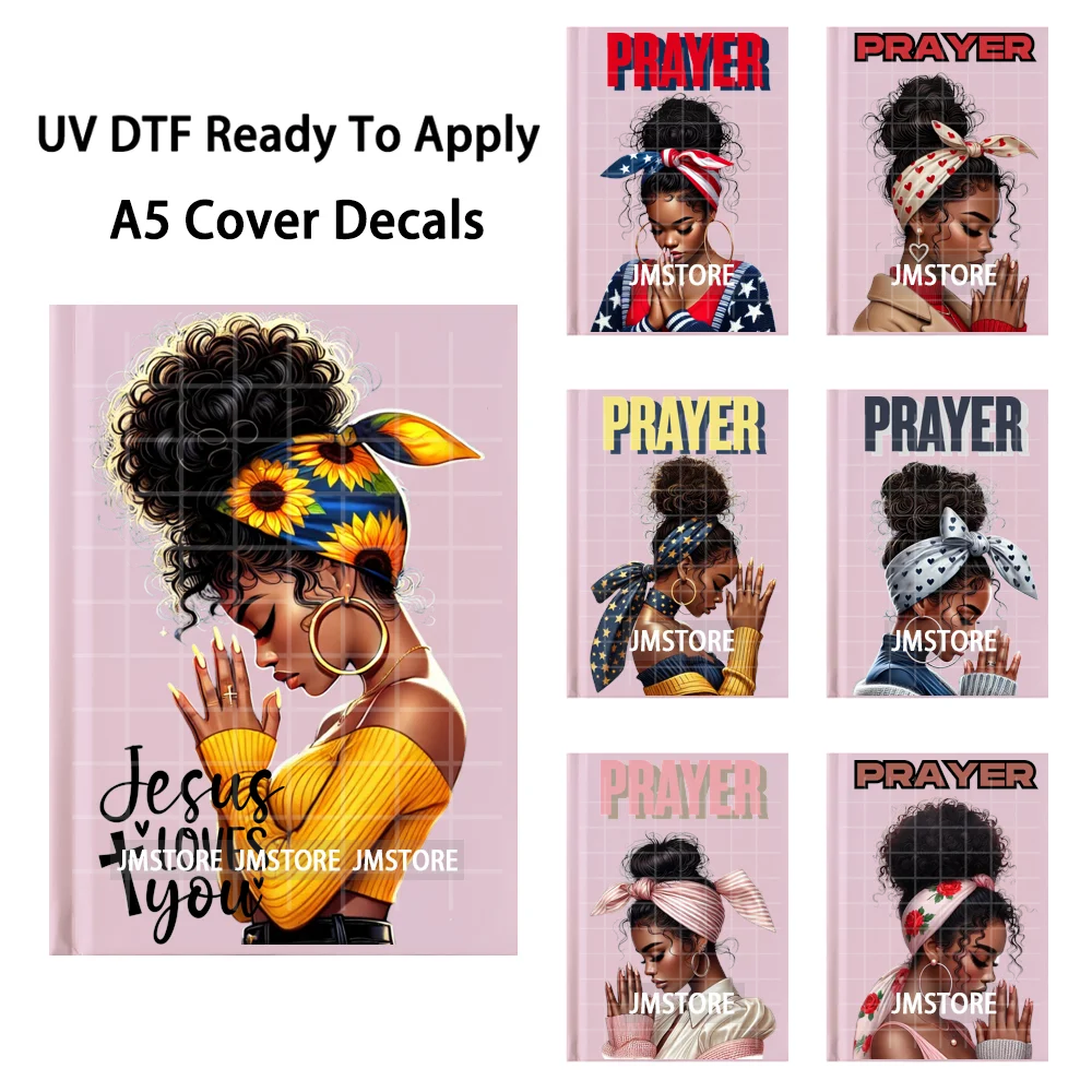 

Prayer Black Women With Headscarf UV DTF Notebook Cover Decals Ready To Apply Durable Transfer Stickers For A5 Journal Cover