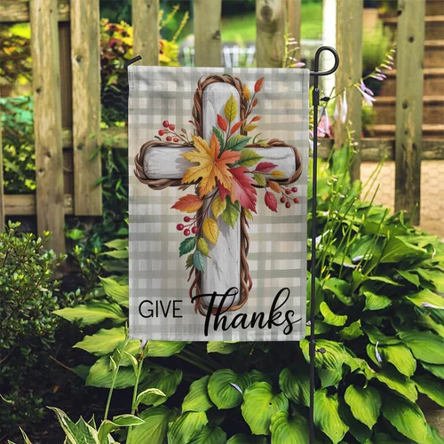 Give Thanks Cross Garden Flag – Rustic Christian Fall Harvest Outdoor Decor JJE DDI GGX