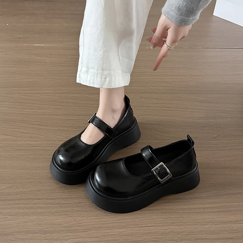 Zapatos Mary Jane clásicos dulces para mujer, zapatos de tacón medio cuadrados sin cordones, zapatos de punta redonda, zapatos informales con hebilla cuadrada de cuero sólido para mujer