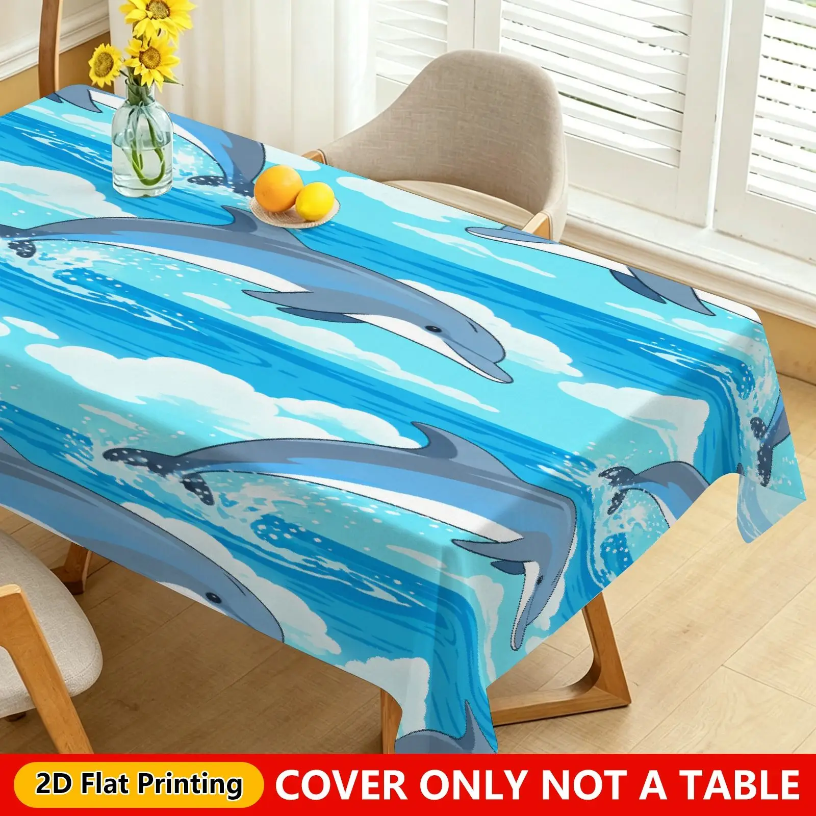 Marine Dolphin Tablecloth, Blue Background With Cute Dolphin Sea Wave Pattern,Waterproof Table Cover for Daily Meals & Party Use