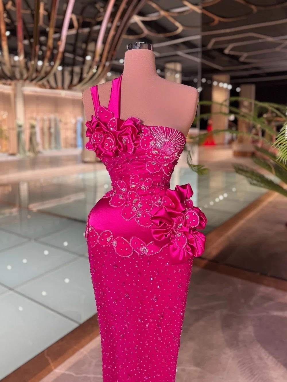 

Elegant One-Shoulder Thin-Strapped Evening Dress Romantic 3D Floral Party Gown Graceful A-Line Floor-Length Party Dress فسات