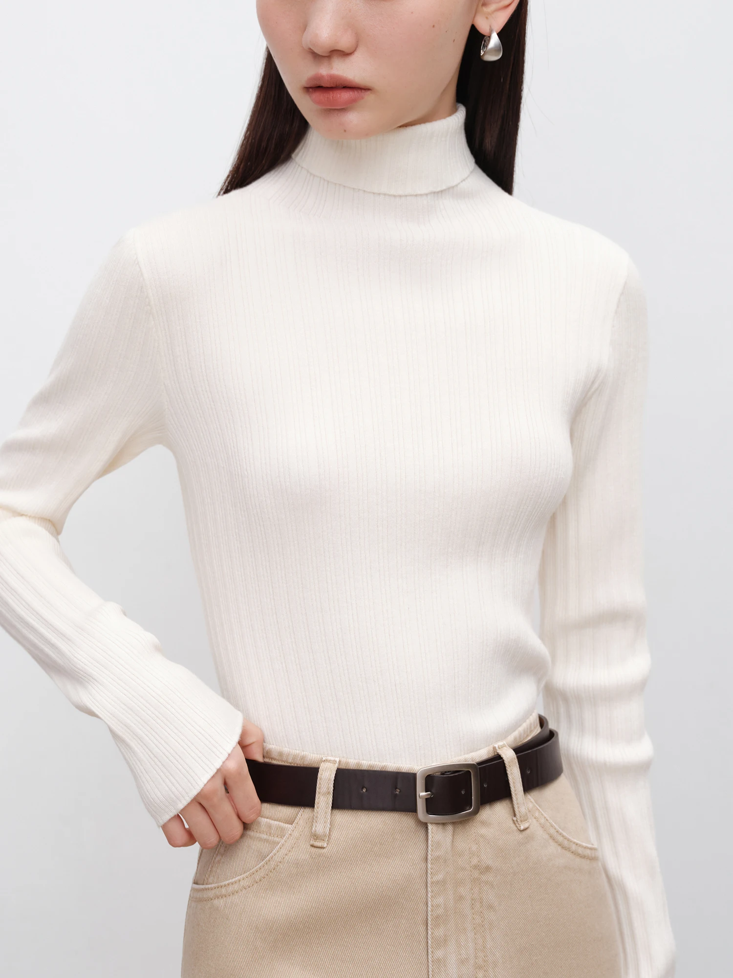 ZIQIAO【3 Colors】Women Mock Neck 10% Wool Pullover Sweater Gentle Purple Female Autumn Slim Long Sleeve Top 24ZQ93209+24ZQ93208