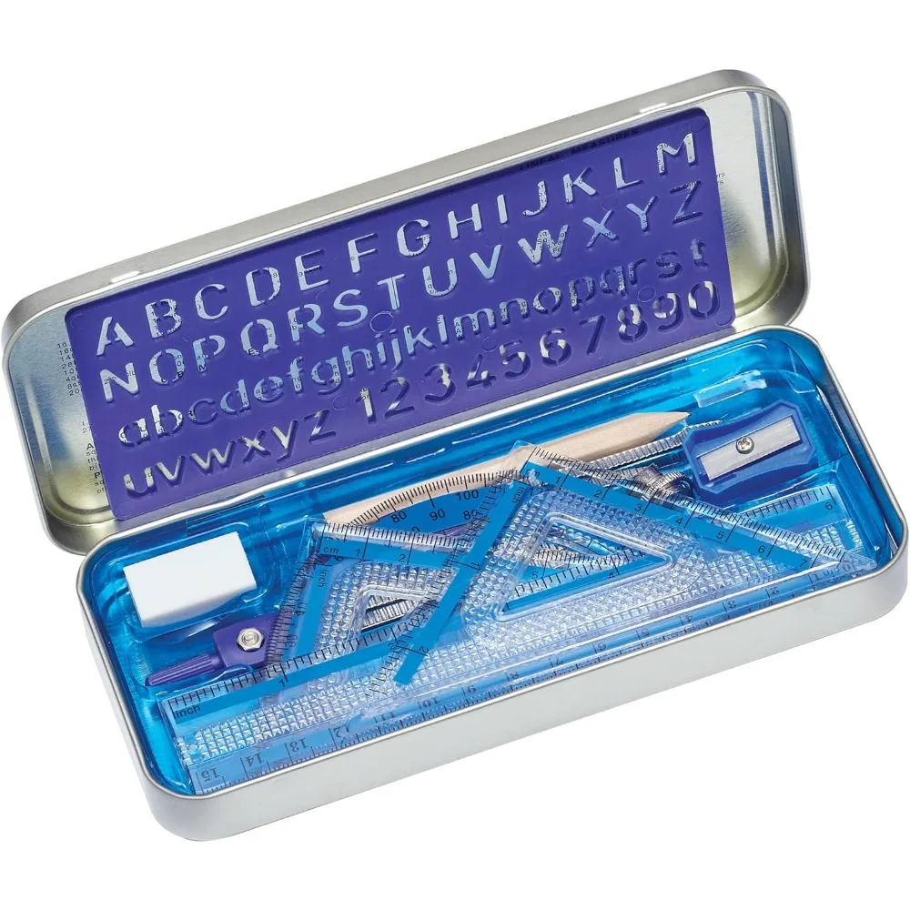 10-piece math set metal compass, 6-inch ruler and triangular square, 45° and 30/60° set square