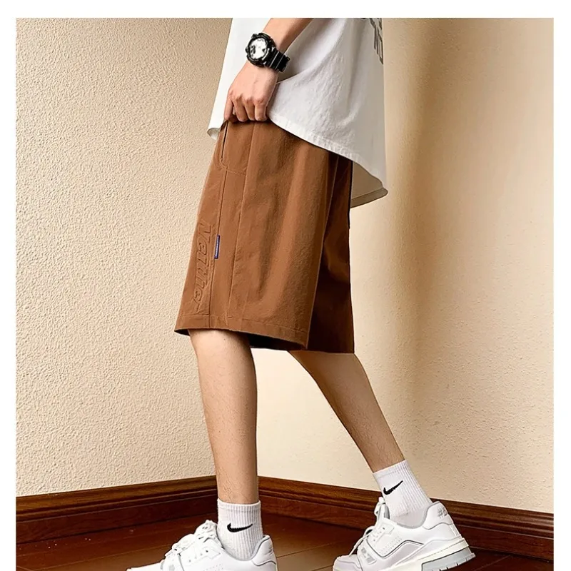 Men's Summer Solid Elastic High Waisted Pockets Bandage Letter Patchwork Casual Work Trousers Fashion Preppy Style Shorts