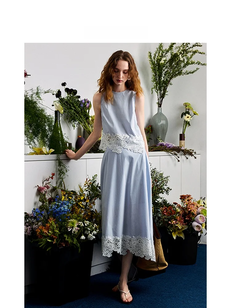 

Оригинальный кружевной комплект из ацетата AEL, лето 2022, новый праздничный топ без рукавов, юбка, комплект из двух предметов, женский модный комплект