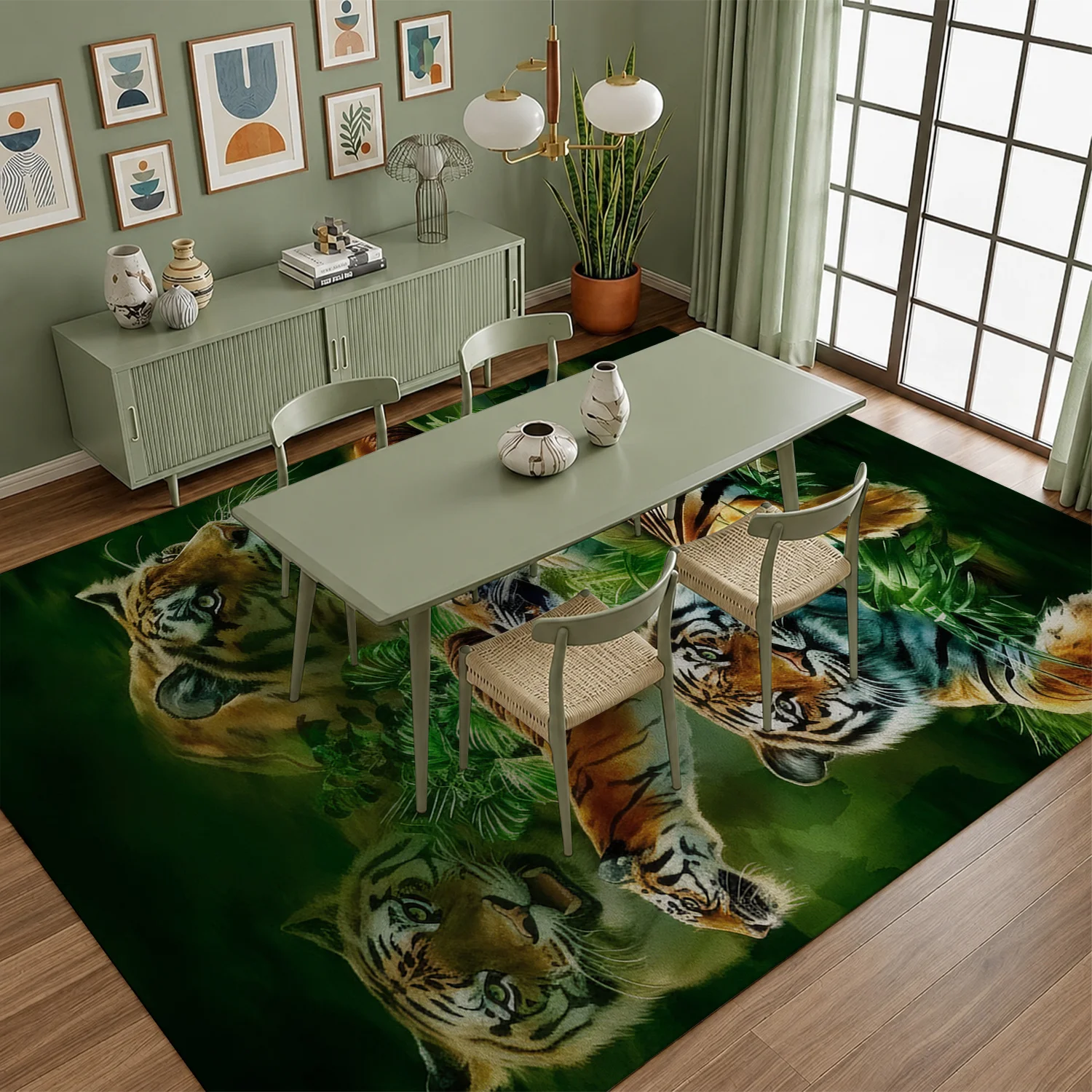 Large Indoor Area Rug Soft Velvet Low Pile Non-Slip Dotted Backing Machine Washable Vibrant Jungle Tiger Pattern for Living Room Bedroom Home Decor