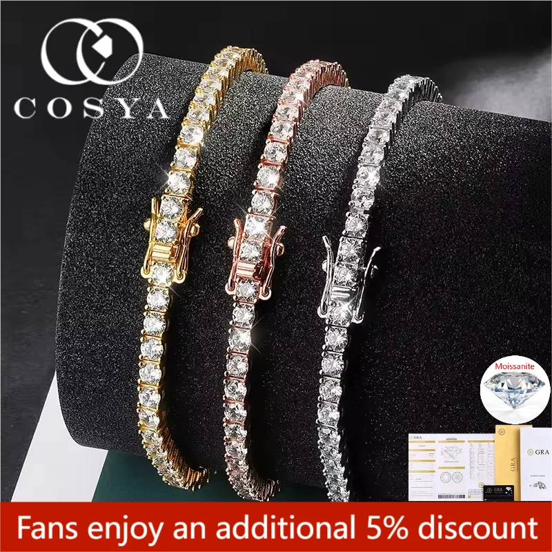 

COSYA 3mm Tennis Bracelet for Women and Men 925 Sterling Silver Plated White Gold 0.1CT D VVS1 Full Moissanite Jewelry Gift