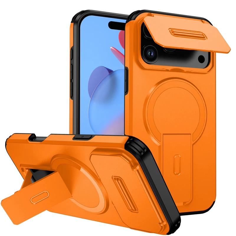 3-in-1 versteckte Linse, klappbarer Ständer, Rüstung, magnetische Hülle für iPhone 17 Air 16 E 15 14 13 Pro Max Plus Mini 17Air Magsafe Phone Cover