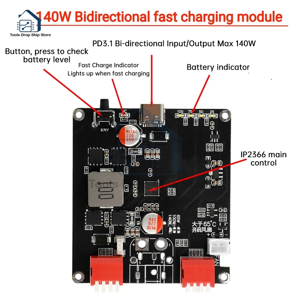 140W IP2366 PD3.1 Bidirectional Fast Charging Module 2S 3S 4S 5S 6S Lithium Battery Charging Liion Lifepo4 BMS Charger USB to DC