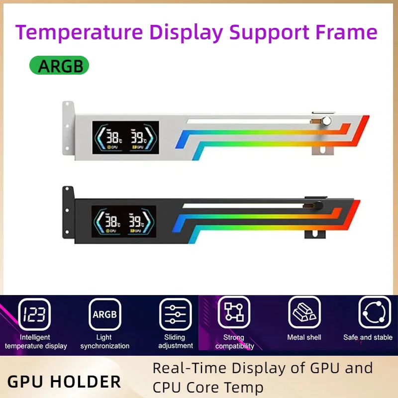 

Graphics Card Bracket Temperature Display 5V 3PIN ARGB AURA SYNC Graphics Card VGA Holder Real-time GPU CPU Temp Display