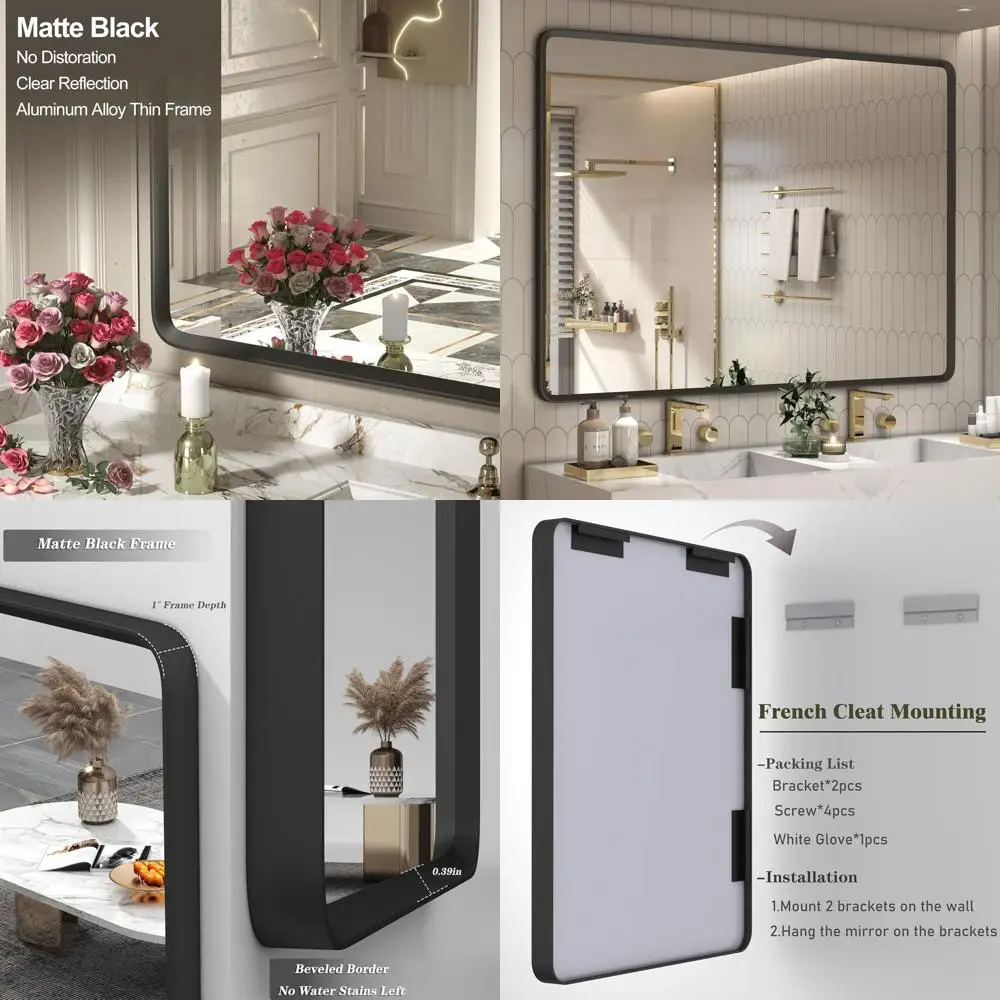 

55 x 40 Black Matte Bathroom Mirror, Rounded Edge, Vanity or Wall Mount, Anti-Rust, Shatterproof (Horizontal/Vertical)