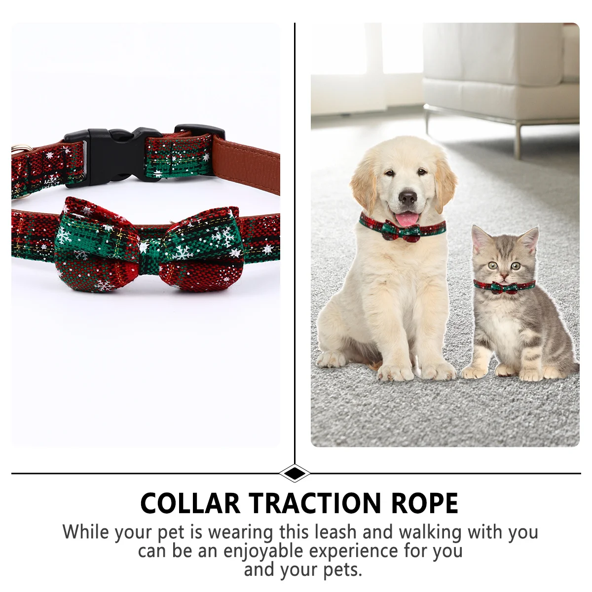 

2Pcs Christmas Dog Collar Leash Set Adjustable Bow Knot Design Snowflake Pattern Photo Prop Pet Walking Accessories Xmas Pet