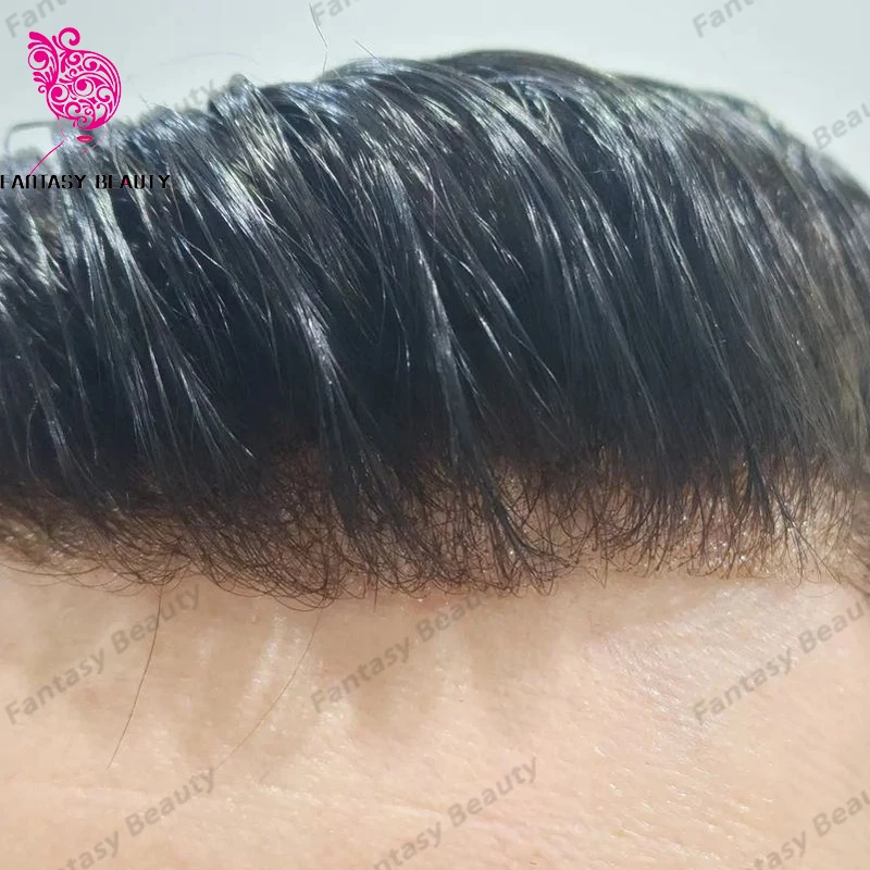 Linha fina natural 100% homens peruca de cabelo humano peruca capilar prótese durável injetado completo plutônio 0.1mm base de seda reta/onda peruca