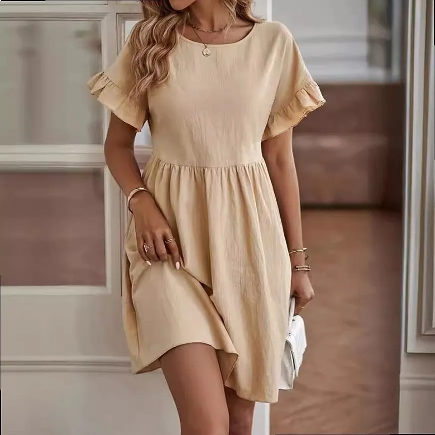 Casual Linen Cotton Dresses Women Loose Round Neck Dress Spring Summer