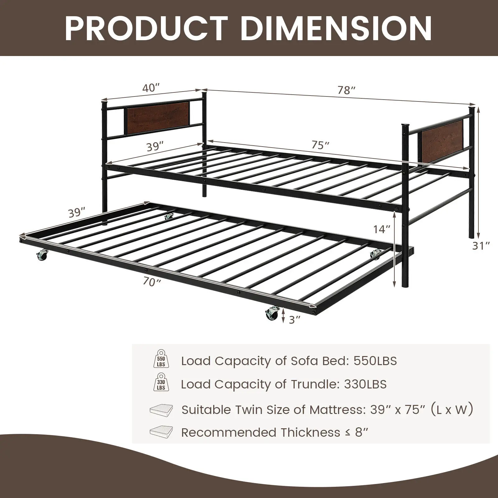 Costway Twin 2-In-1 Daybed Frame with Trundle Bed Set Steel Platform Sofa Bed Black