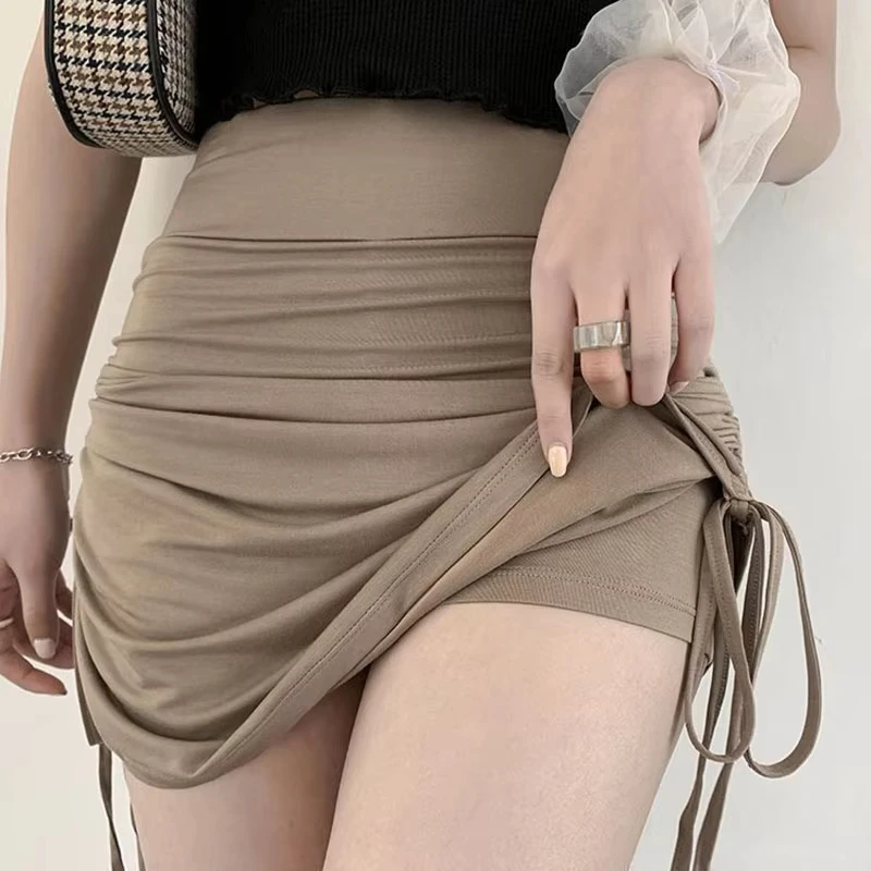 

Women Summer Mini Skirts Drawstring Sexy High Waist Wrapped Hip Skirt Female Wild Solid Folds Slim Elastic Shorts Skirts