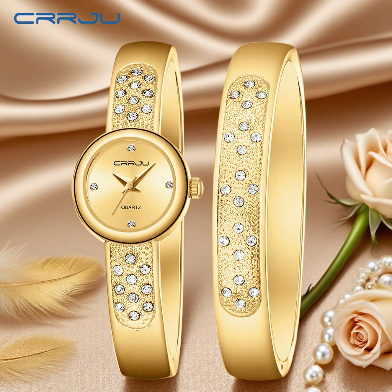 CRRJU Brand Women's Elegant Watch Set  Stylish Gold Quartz Watch with Matching Golden Bracelet Included