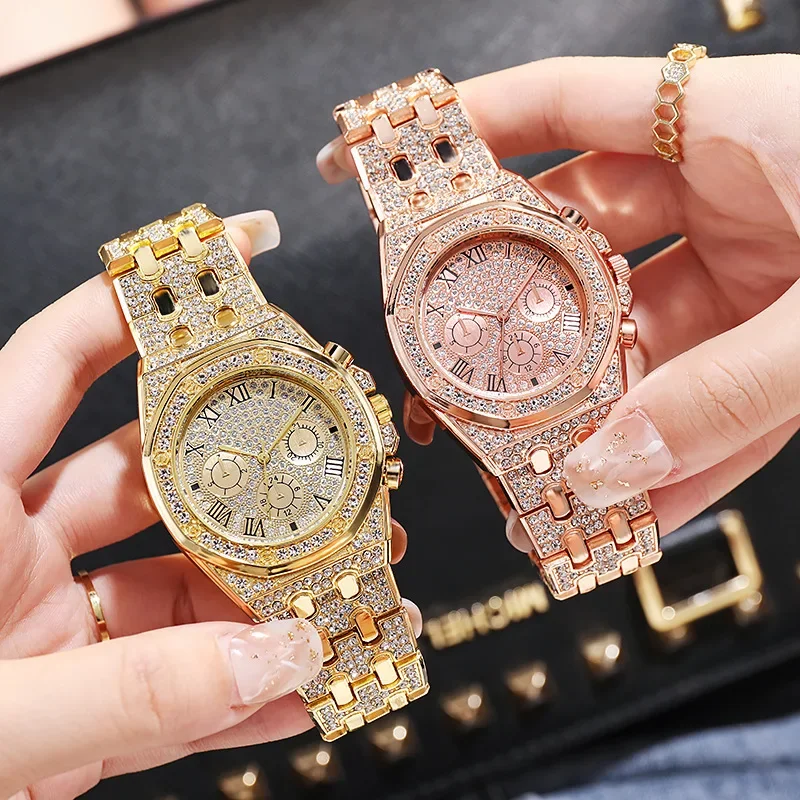 

Stainless Steel Strap Watch Stylish Women's Rhinestone Inlaid Stainless Steel Quartz Watch Colorful Dial Decorative for Ladies