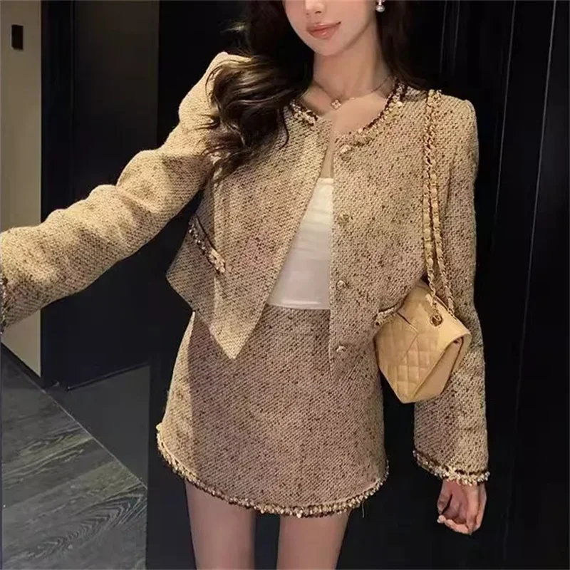 2024 Fall Winter Women Long Sleeve Metal Button Embroidered Flares Jacket Zip Mini Skirt Tweed Two Pieces Dress Sets