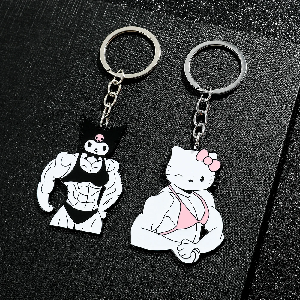 Sanrio Kuromi Hello Kitty Keychain Funny Muscle Anime Figure Keychain Girls Backpack Pendant Jewelry Accessories