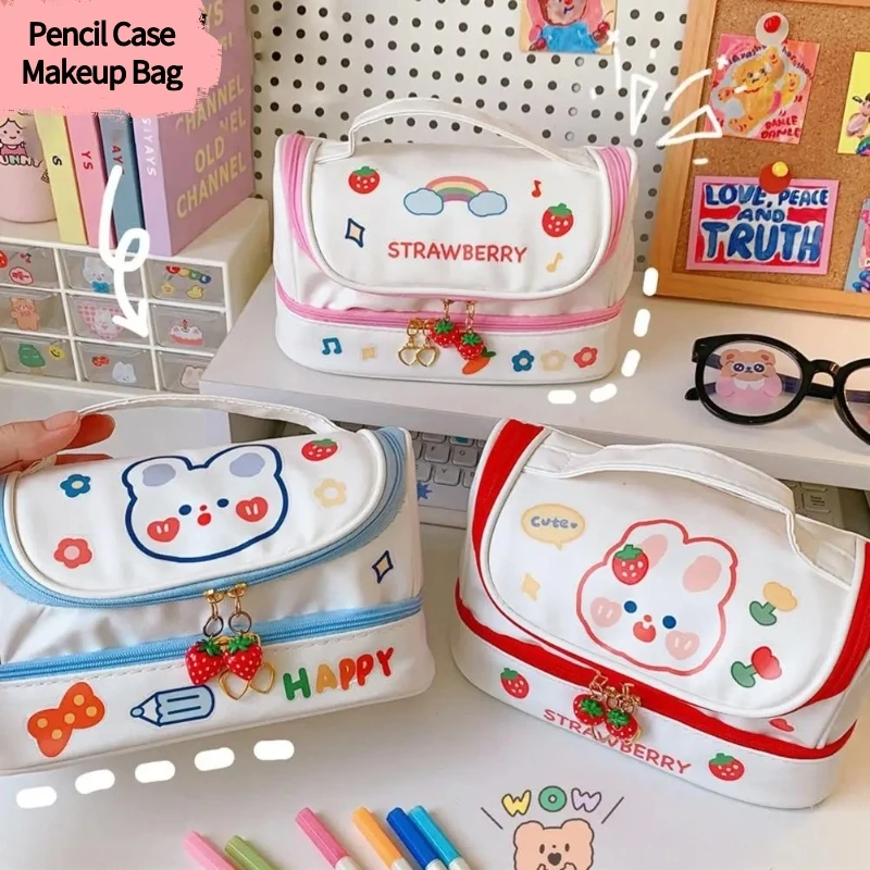 Kawai Cartoon Makeup Bag Cute Baer Rabbit Cosmetic Handbag portamatite portatile per studenti astuccio per trucco da donna