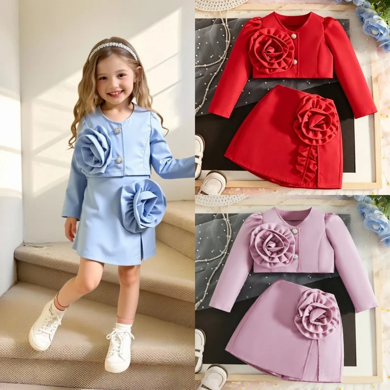 Children's clothing, girls' spring and autumn fashion set: a long-sleeved top with a 3D floral design, paired with a skirt and p
