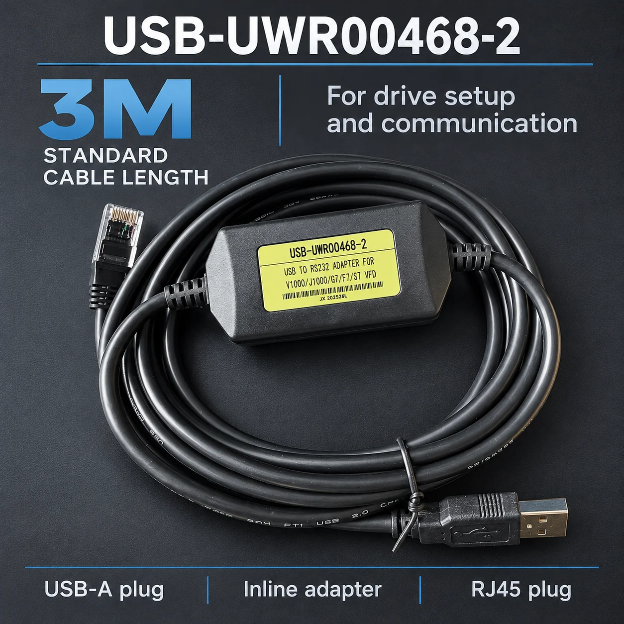 VFD USB-UWR00468-2 Communication Cable for Yaskawa V1000 J1000, USB to RJ45 3M, DriveWizard Plus Data Transfer Maintenance Wire
