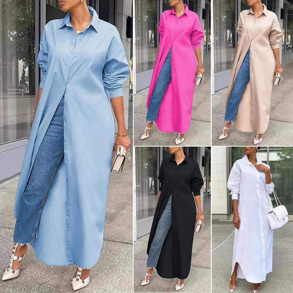 Trendy Straight Dress Versatile Long Shirt Long Sleeve Pure Color Oversize Maxi Shirt Cardigan Hem