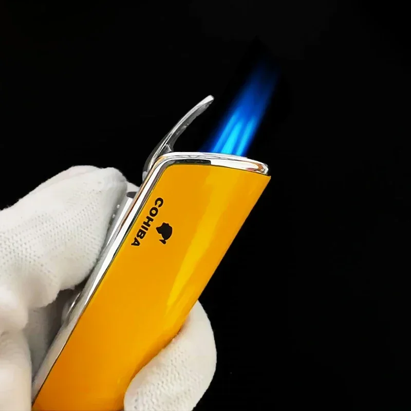 Cohiba Cigar Windproof Metal Lighter 3 Jet Blue Flame Gas Torch Butane Cut Lighter Sharp Cigar Accessory with Gift Box