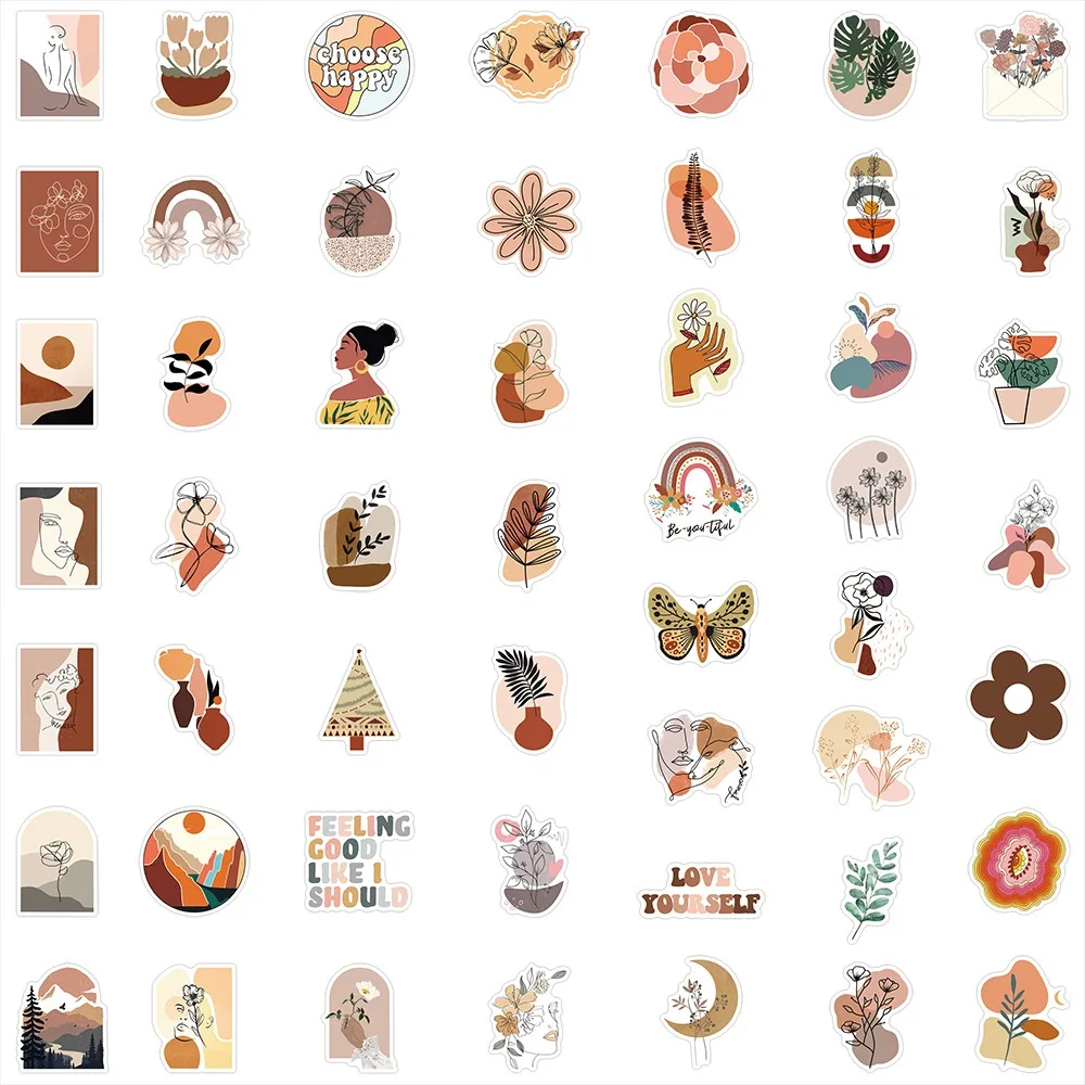 50pcs Aesthetic Vintage Bohemian Stickers Retro Boho Art Decals Phone Laptop Notebook Stationary Scrapbooking Case Toy Gift