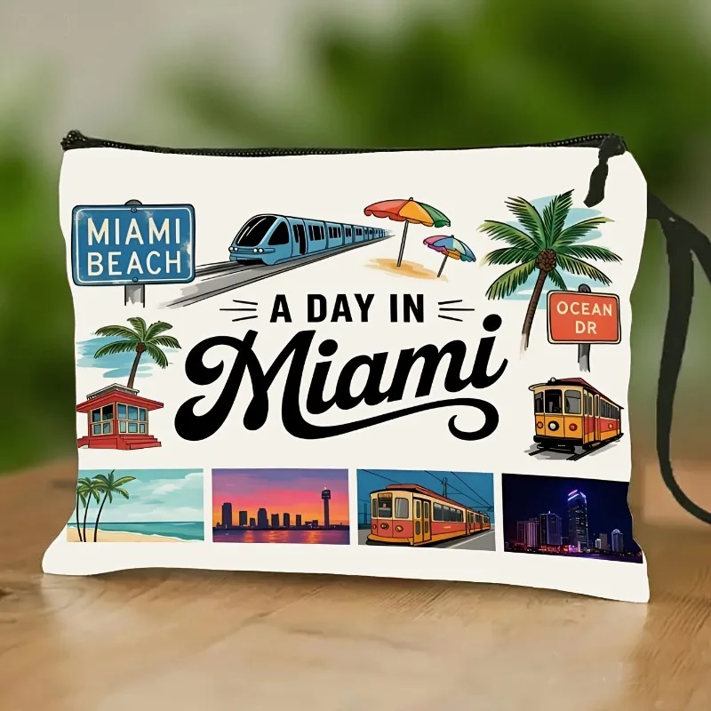 Miami Cityscape Themed Makeup Bag, Portable And Durable Coin Purse, Toiletry Bag for Beach Trips, Ideal for Urban Architecture L