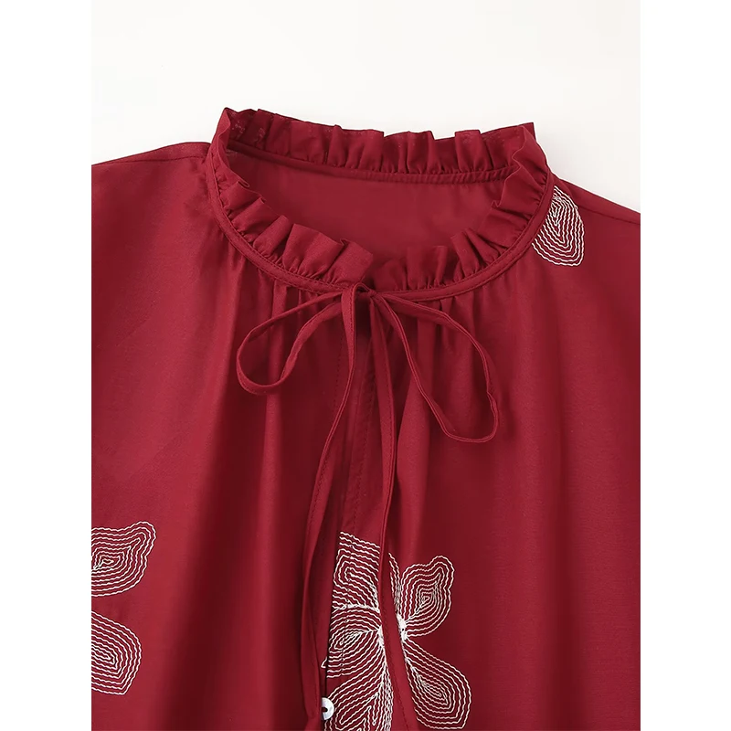 Primavera 2025 blusa de camisa con bordado floral y cuello en V de manga larga para mujer